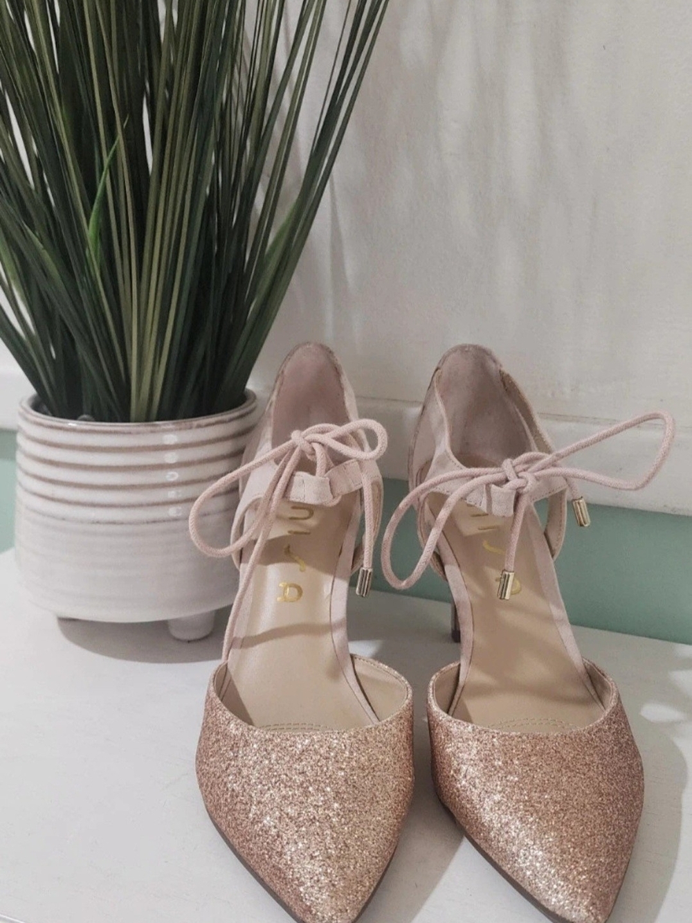 Unisa Rose Gold Glitter Pointed-Toe Ankle Tie Pumps